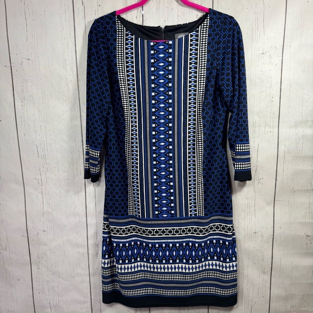 Vince Camuto Blue Black Geometric Print Sheath Dress Size 10 Career Chic Preppy